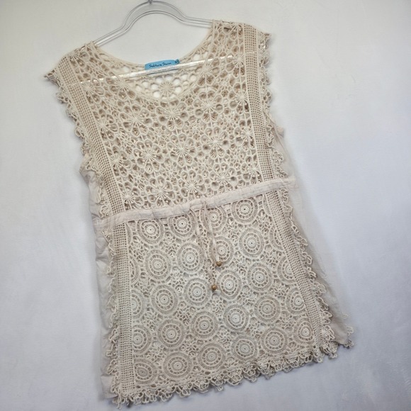 Solitaire Swim Cover Up Top Womens M Beige Crochet Lace Resort Beach Festival - Picture 3 of 14
